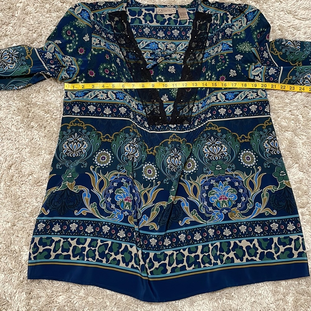 Art And Soul Navy Teal Green Paisley Lace-Trim Peasant Blouse - Picture 7 of 9